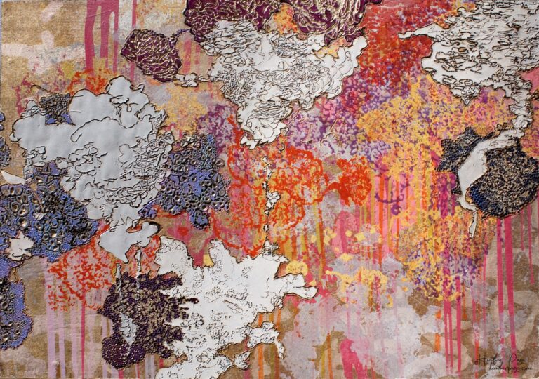 Les Amas Nuageux by Heather Page is an 11 7/8” by 17 1/8” x 2” monoprint on panel of woodburned, printed, and painted clouds of lichens in red, gold, and violet
