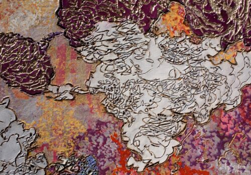Detail of Les Amas Nuageux by Heather Page, an 11 7/8” by 17 1/8” x 2” monoprint on panel of brightly-colored woodburned, printed, & painted clouds of lichens
