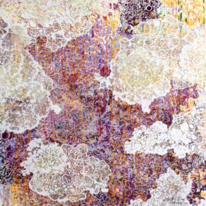 L’Aurore by Heather Page, a 6.25 inch square abstract silkscreen and relief monoprint in pinks, violets, & golds edged in lacy white cloud shapes