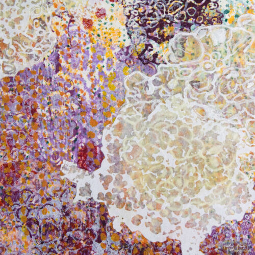 Detail of L’Aurore by Heather Page, a 6.25 inch square abstract silkscreen and relief monoprint in pinks, violets, & golds edged in lacy white cloud shapes