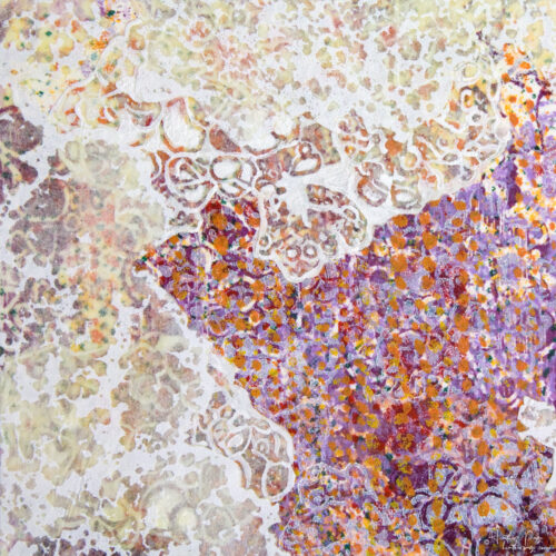 Detail of L’Aurore by Heather Page, a 6.25 inch square abstract silkscreen and relief monoprint in pinks, violets, & golds edged in lacy white cloud shapes