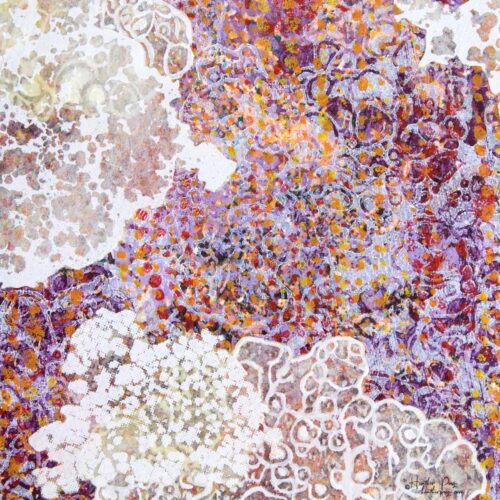 Detail of L’Aurore by Heather Page, a 6.25 inch square abstract silkscreen and relief monoprint in pinks, violets, & golds edged in lacy white cloud shapes