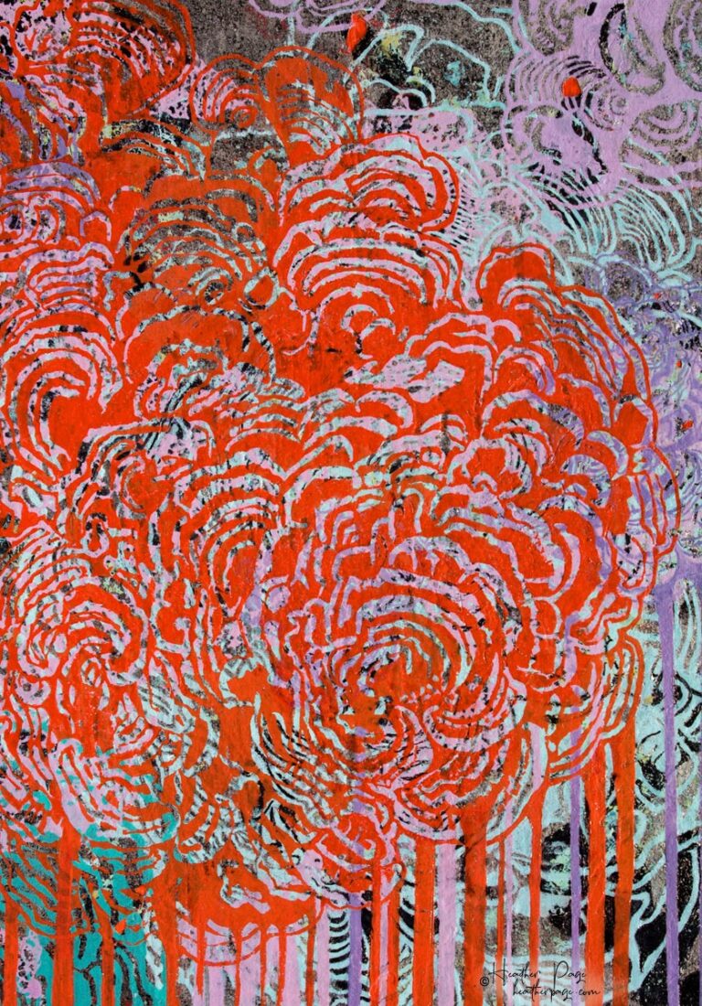 Detail of L’Averse by Heather Page, a 21 1/4” by 14 3/4” by 2” abstract painting, silkscreen, & encaustic work of red & blue clouds raining over a silver ground
