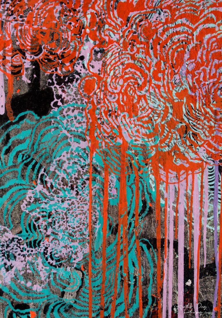 Detail of L’Averse by Heather Page, a 21 1/4” by 14 3/4” by 2” abstract painting, silkscreen, & encaustic work of red & blue clouds raining over a silver ground