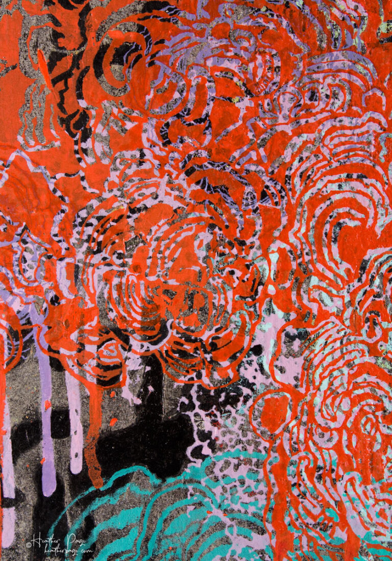 Detail of L’Averse by Heather Page, a 21 1/4” by 14 3/4” by 2” abstract painting, silkscreen, & encaustic work of red & blue clouds raining over a silver ground