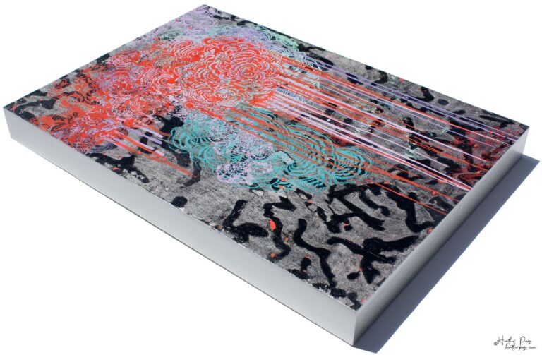 L’Averse by Heather Page, a 21 1/4” by 14 3/4” by 2” abstract painting, silkscreen, & encaustic work of red, purple, & blue clouds raining over a silver ground