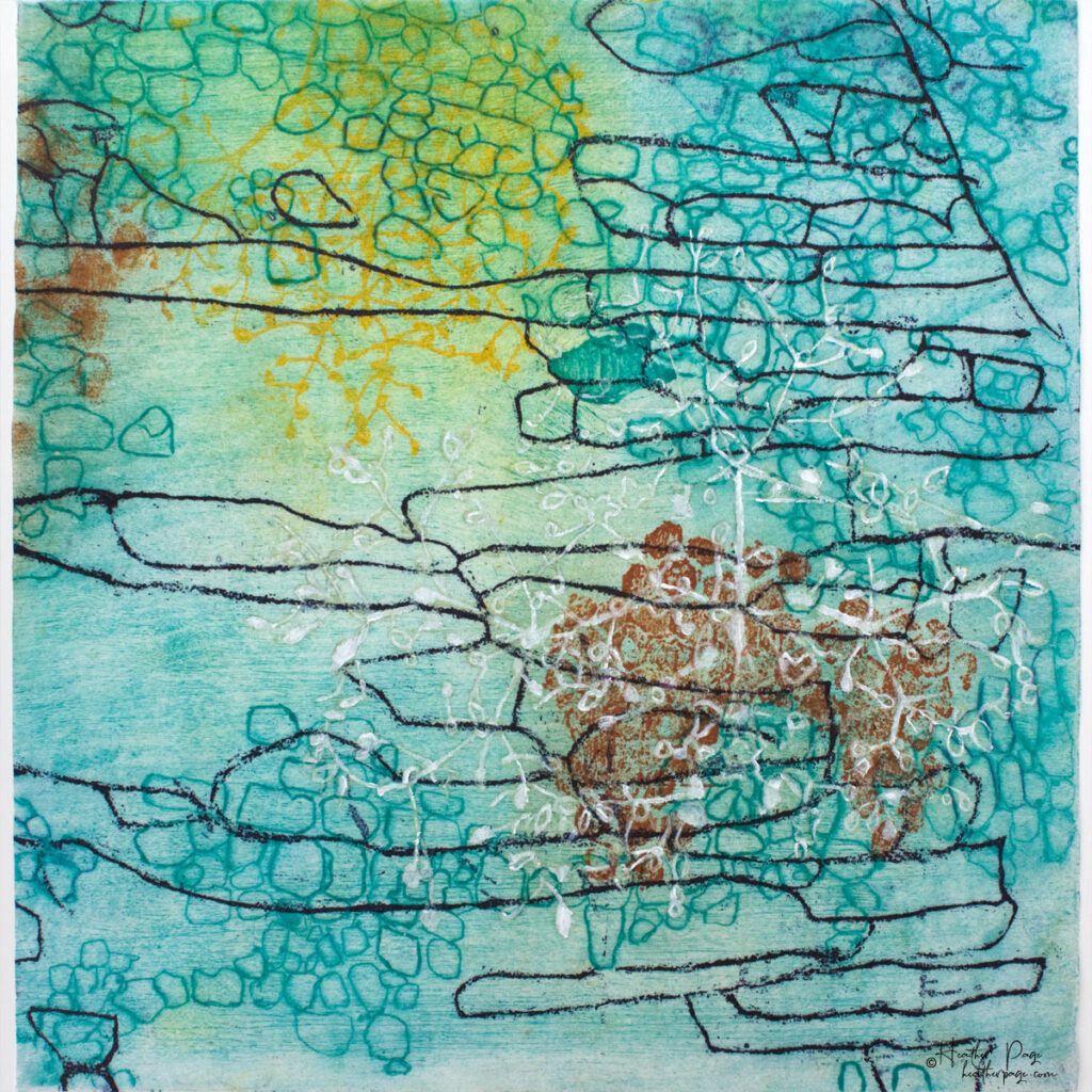 Beeline by Heather Page is a 12” square intaglio print & drawing of a purple line zigzagging over seed pod clusters linked by a wave of cerulean blue circles