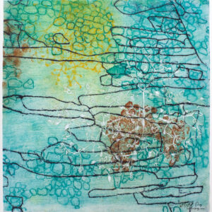 Beeline 2 by Heather Page is a 12” square intaglio print & drawing of a purple line zigzagging over seed pod clusters linked by a wave of cerulean blue circles