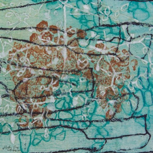 Detail of Beeline by Heather Page, a 12” square intaglio print and drawing of a purple line zigzagging over seed pod clusters linked by a wave of blue circles