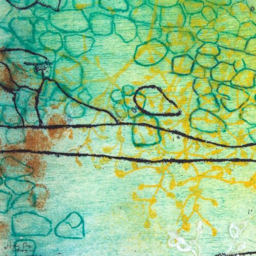 Detail of Beeline by Heather Page, a 12” square intaglio print and drawing of a purple line zigzagging over seed pod clusters linked by a wave of blue circles