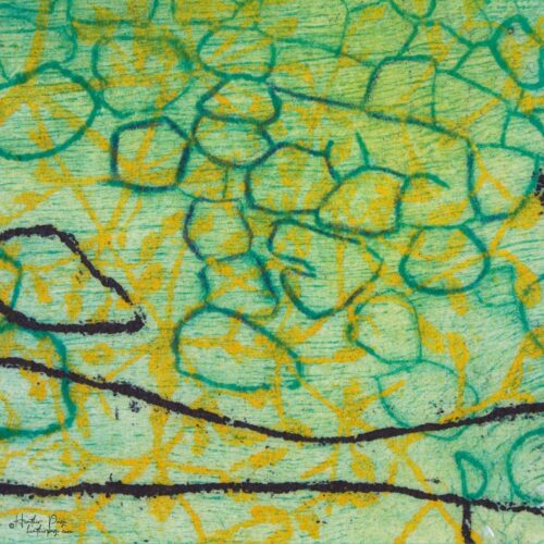 Detail of Beeline by Heather Page, a 12” square intaglio print and drawing of a purple line zigzagging over seed pod clusters linked by a wave of blue circles