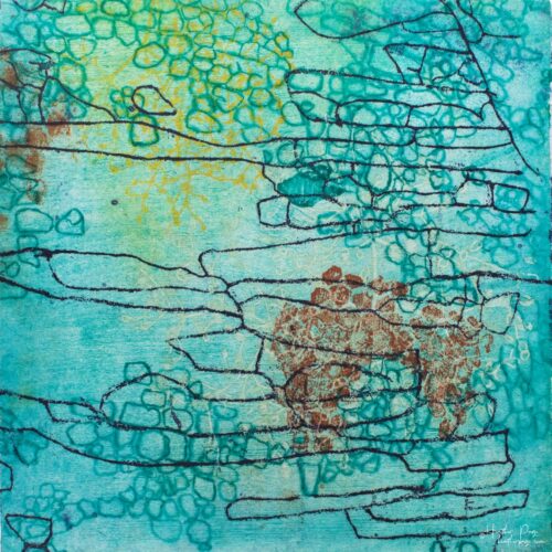 Beeline by Heather Page is a 12” square intaglio print & drawing of a purple line zigzagging over seed pod clusters linked by a wave of cerulean blue circles