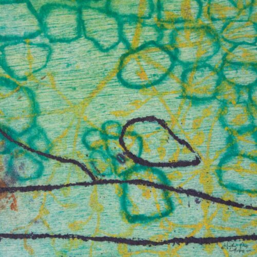 Detail of Beeline by Heather Page, a 12” square intaglio print and drawing of a purple line zigzagging over seed pod clusters linked by a wave of blue circles