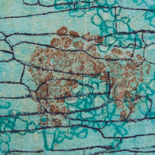 Detail of Beeline by Heather Page, a 12” square intaglio print and drawing of a purple line zigzagging over seed pod clusters linked by a wave of blue circles