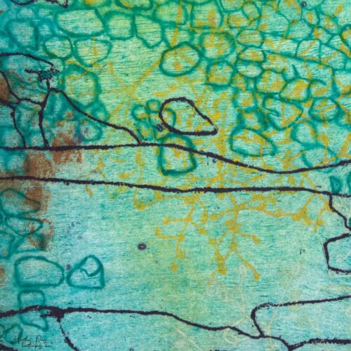 Detail of Beeline by Heather Page, a 12” square intaglio print and drawing of a purple line zigzagging over seed pod clusters linked by a wave of blue circles