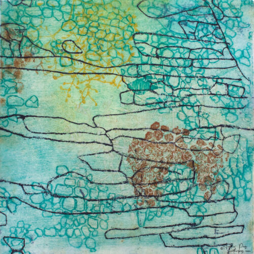 Beeline by Heather Page is a 12” square intaglio print & drawing of a purple line zigzagging over seed pod clusters linked by a wave of cerulean blue circles