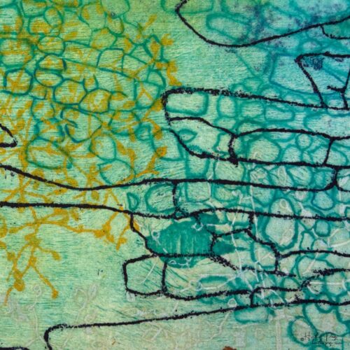 Detail of Beeline by Heather Page, a 12” square intaglio print and drawing of a purple line zigzagging over seed pod clusters linked by a wave of blue circles