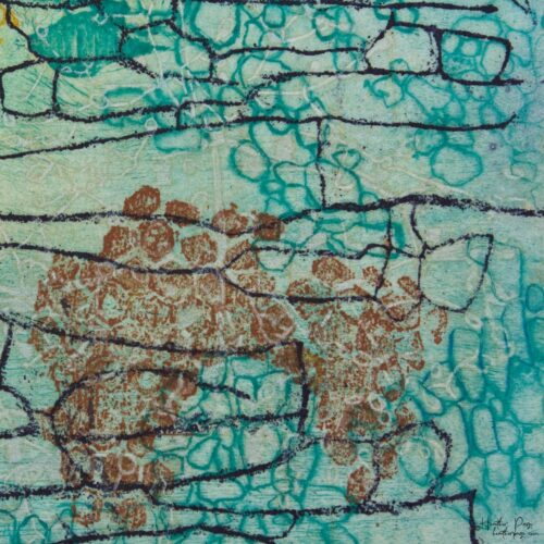 Detail of Beeline by Heather Page, a 12” square intaglio print and drawing of a purple line zigzagging over seed pod clusters linked by a wave of blue circles