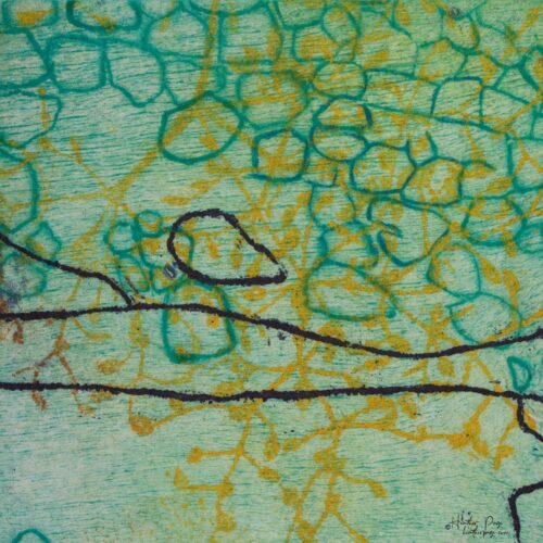 Detail of Beeline by Heather Page, a 12” square intaglio print and drawing of a purple line zigzagging over seed pod clusters linked by a wave of blue circles