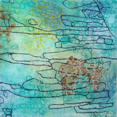 Beeline by Heather Page is a 12” square intaglio print & drawing of a purple line zigzagging over seed pod clusters linked by a wave of cerulean blue circles