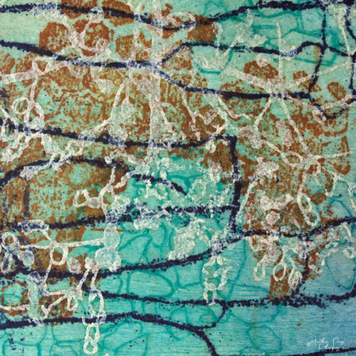 Detail of Beeline by Heather Page, a 12” square intaglio print and drawing of a purple line zigzagging over seed pod clusters linked by a wave of blue circles