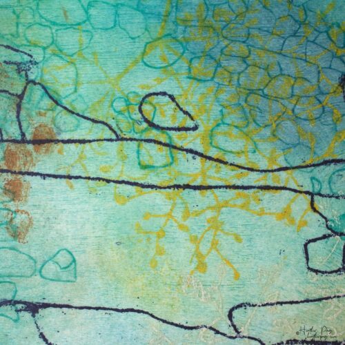 Detail of Beeline by Heather Page, a 12” square intaglio print and drawing of a purple line zigzagging over seed pod clusters linked by a wave of blue circles