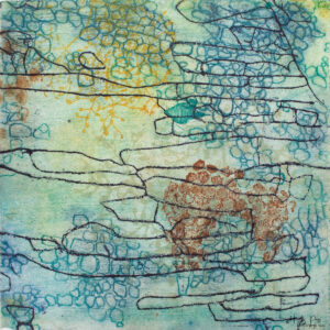 Beeline 6 by Heather Page is a 12” square intaglio print & drawing of a purple line zigzagging over seed pod clusters linked by a wave of cerulean blue circles