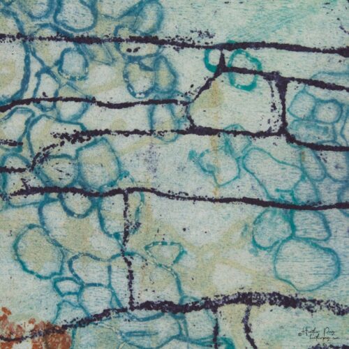 Detail of Beeline by Heather Page, a 12” square intaglio print and drawing of a purple line zigzagging over seed pod clusters linked by a wave of blue circles
