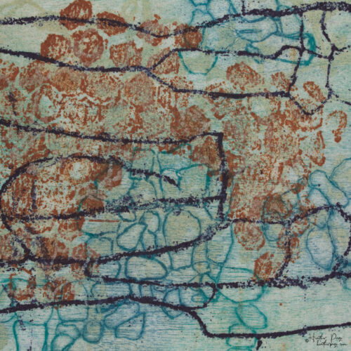 Detail of Beeline by Heather Page, a 12” square intaglio print and drawing of a purple line zigzagging over seed pod clusters linked by a wave of blue circles