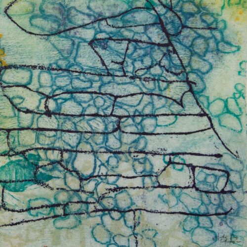 Detail of Beeline by Heather Page, a 12” square intaglio print and drawing of a purple line zigzagging over seed pod clusters linked by a wave of blue circles