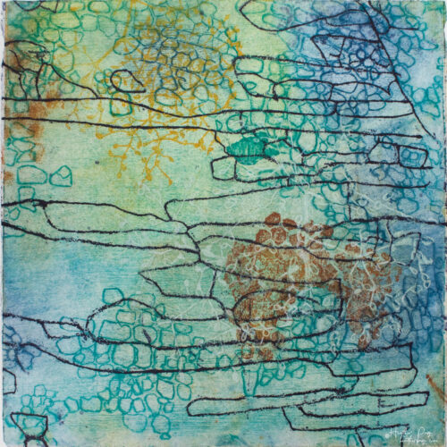 Beeline by Heather Page is a 12” square intaglio print & drawing of a purple line zigzagging over seed pod clusters linked by a wave of cerulean blue circles