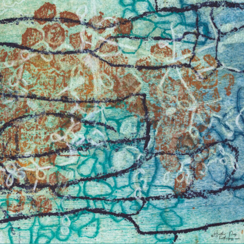 Detail of Beeline by Heather Page, a 12” square intaglio print and drawing of a purple line zigzagging over seed pod clusters linked by a wave of blue circles