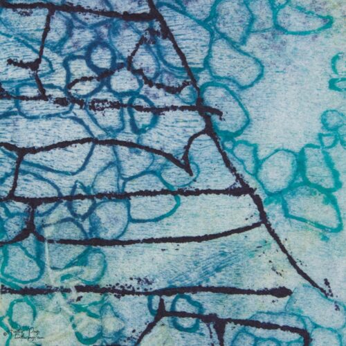 Detail of Beeline by Heather Page, a 12” square intaglio print and drawing of a purple line zigzagging over seed pod clusters linked by a wave of blue circles