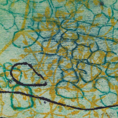 Detail of Beeline by Heather Page, a 12” square intaglio print and drawing of a purple line zigzagging over seed pod clusters linked by a wave of blue circles