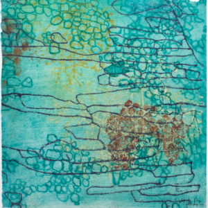 Beeline by Heather Page is a 12” square intaglio print & drawing of a purple line zigzagging over seed pod clusters linked by a wave of cerulean blue circles