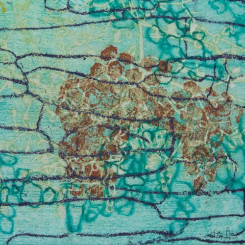 Detail of Beeline by Heather Page, a 12” square intaglio print and drawing of a purple line zigzagging over seed pod clusters linked by a wave of blue circles