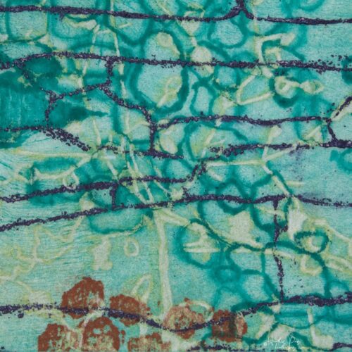 Detail of Beeline by Heather Page, a 12” square intaglio print and drawing of a purple line zigzagging over seed pod clusters linked by a wave of blue circles