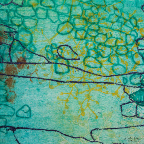 Detail of Beeline by Heather Page, a 12” square intaglio print and drawing of a purple line zigzagging over seed pod clusters linked by a wave of blue circles