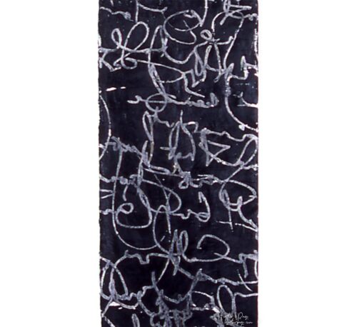 Detail of Bourée by Heather Page, a 60” by 11” encaustic artwork on aluminum-gilded paper of silver calligraphic text scraped from a black waxy ground