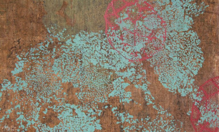 Detail of La Brume by Heather Page, a 12” by 20” by 2” monoprint on panel of silkscreened lichens & mold diagrams in blue, scarlet, & yellow over a copper field