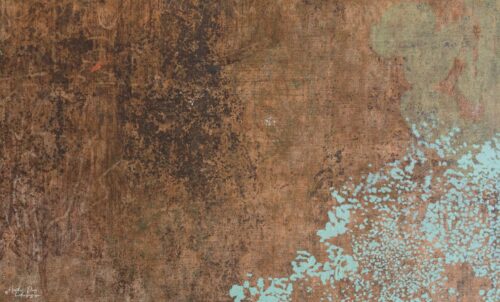 Detail of La Brume by Heather Page, a 12” by 20” by 2” monoprint on panel of silkscreened lichens & mold diagrams in blue, scarlet, & yellow over a copper field