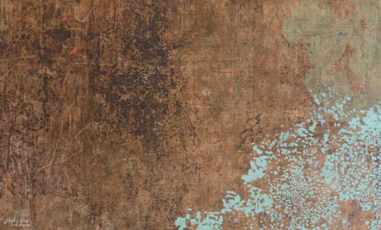 Detail of La Brume by Heather Page, a 12” by 20” by 2” monoprint on panel of silkscreened lichens & mold diagrams in blue, scarlet, & yellow over a copper field