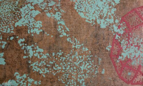 Detail of La Brume by Heather Page, a 12” by 20” by 2” monoprint on panel of silkscreened lichens & mold diagrams in blue, scarlet, & yellow over a copper field