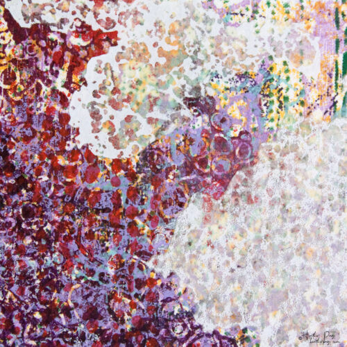 Detail of La Brunante by Heather Page, a 6.25 inch square abstract silkscreen and relief monoprint in purples & reds bordered by lacy white cloud shapes