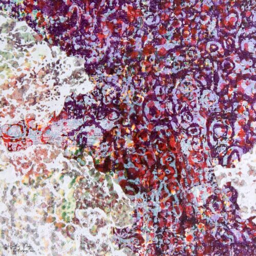 Detail of La Brunante by Heather Page, a 6.25 inch square abstract silkscreen and relief monoprint in purples & reds bordered by lacy white cloud shapes