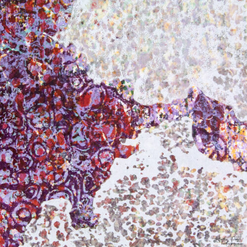 Detail of La Brunante by Heather Page, a 6.25 inch square abstract silkscreen and relief monoprint in purples & reds bordered by lacy white cloud shapes