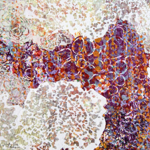 Detail of Le Chatoiement by Heather Page, a 6.25 inch square abstract silkscreen and relief monoprint in purples reds, & oranges bordered by lacy white cloud shapes