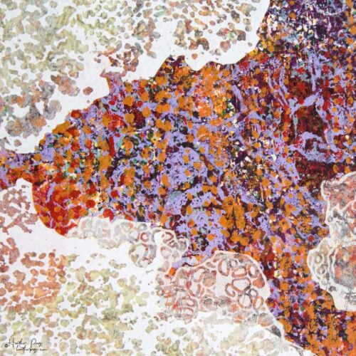 Detail of Le Chatoiement by Heather Page, a 6.25 inch square abstract silkscreen and relief monoprint in purples reds, & oranges bordered by lacy white cloud shapes