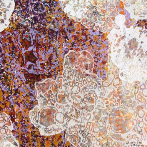 Detail of Le Chatoiement by Heather Page, a 6.25 inch square abstract silkscreen and relief monoprint in purples reds, & oranges bordered by lacy white cloud shapes