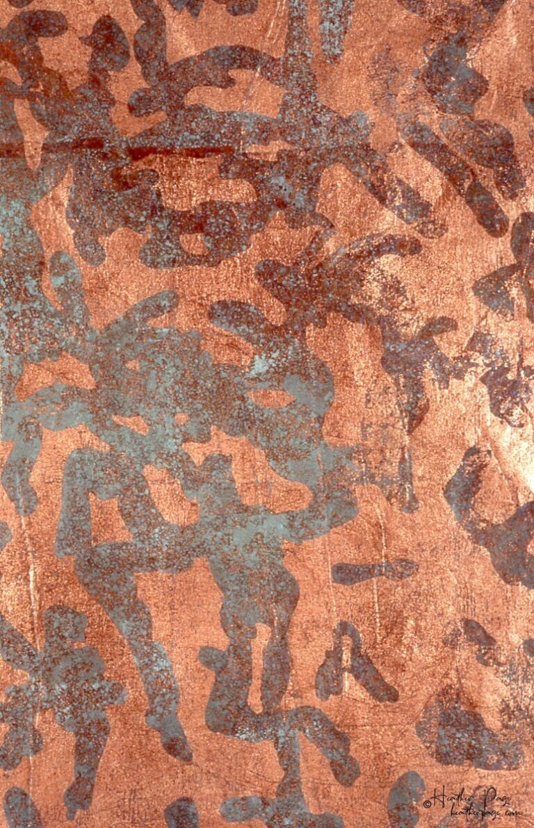 Detail of Con Brio by Heather Page, a 61.5” by 26” relief print on paper of verdigris calligraphic marks dancing over a copper-gilded backdrop